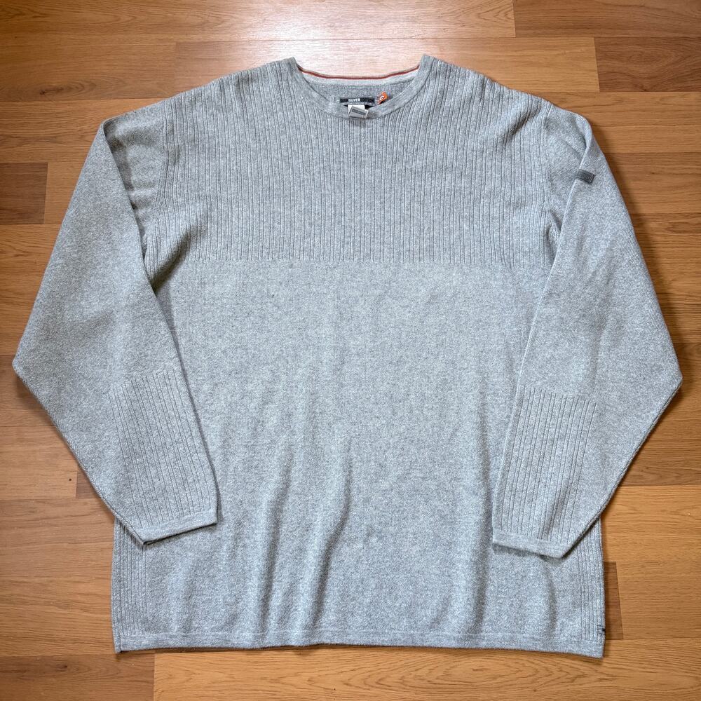 Men's Vintage Y2k Quiksilver Gray Knit Ribbed Crewneck Pullover Sweater Sz 2XL